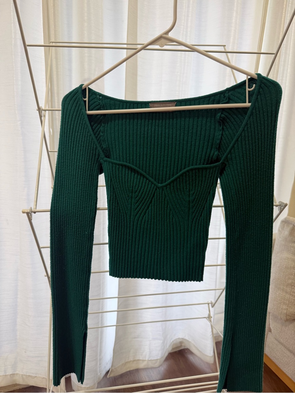 Urban Outfitters Dark Green Ribbed Long Sleeve Cropped Knit Too